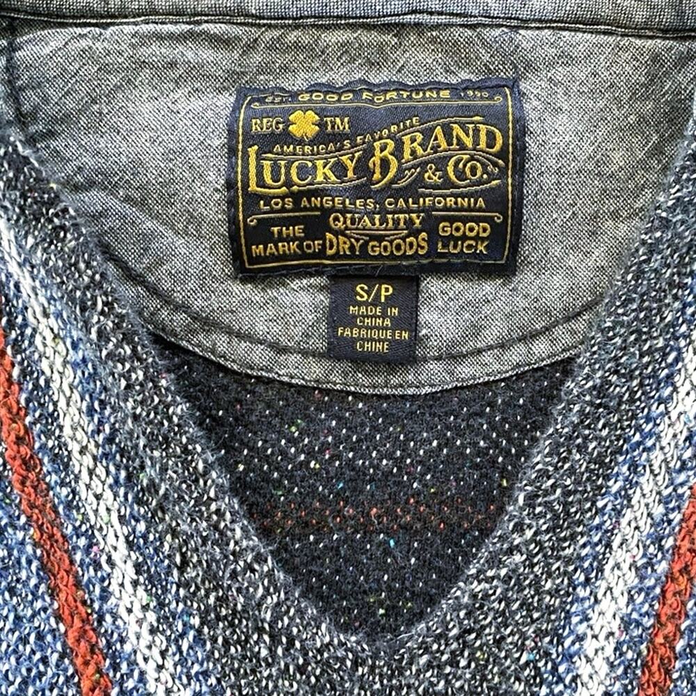 LUCKY BRAND Baja Beach‎ Hoodie Drug Rug Sweater Blue Gray Rust Striped Unisex S - Picture 5 of 8